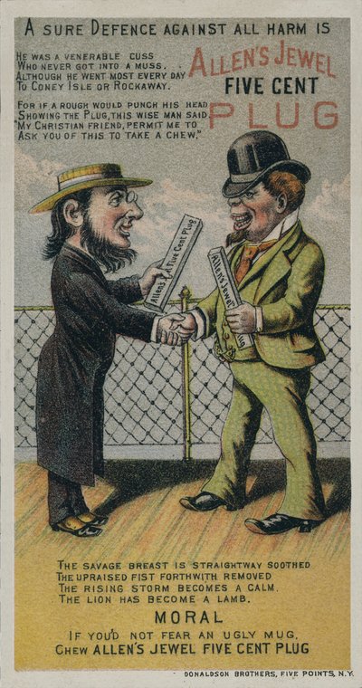 Tarjeta comercial anunciando tabaco de mascar Allens Jewel Five Cent Plug de American School